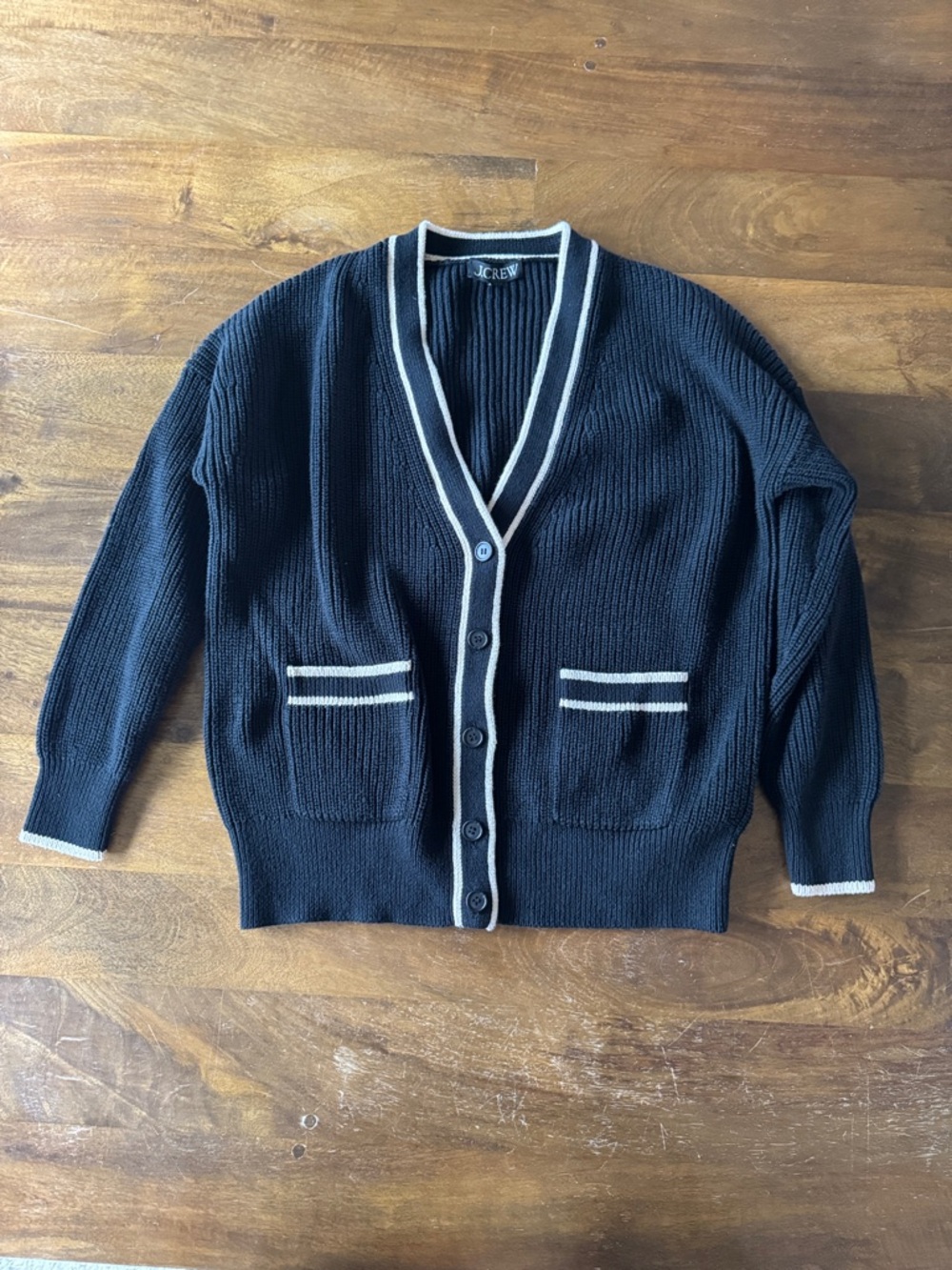 J. Crew Black Cardigan with Cream Contrast Trim